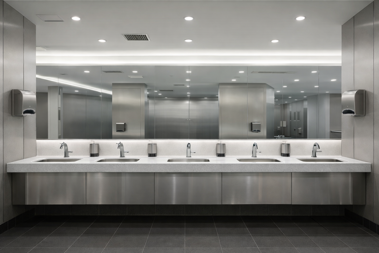 Airport restroom with multiple touchless sensor faucets